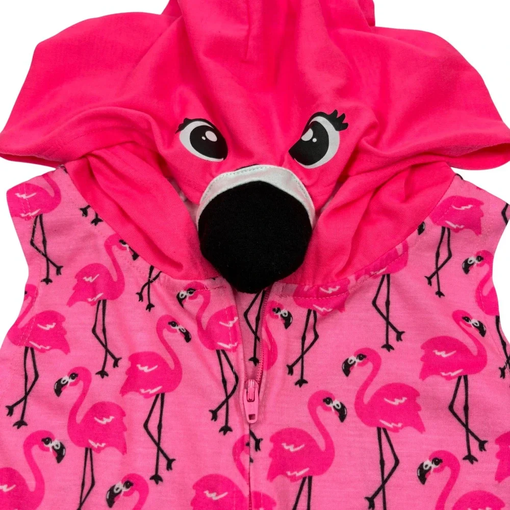 Justice Girls 14/16 Romper Pink Flamingo Hooded Zip Up Sleeveless Animal Novelty